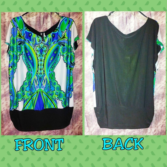 Rendezvous brand Blue/Grn/Blk/Wht Colorblock Paisley Knit Tunic Top Sz 2X(18/20) - Picture 2 of 6